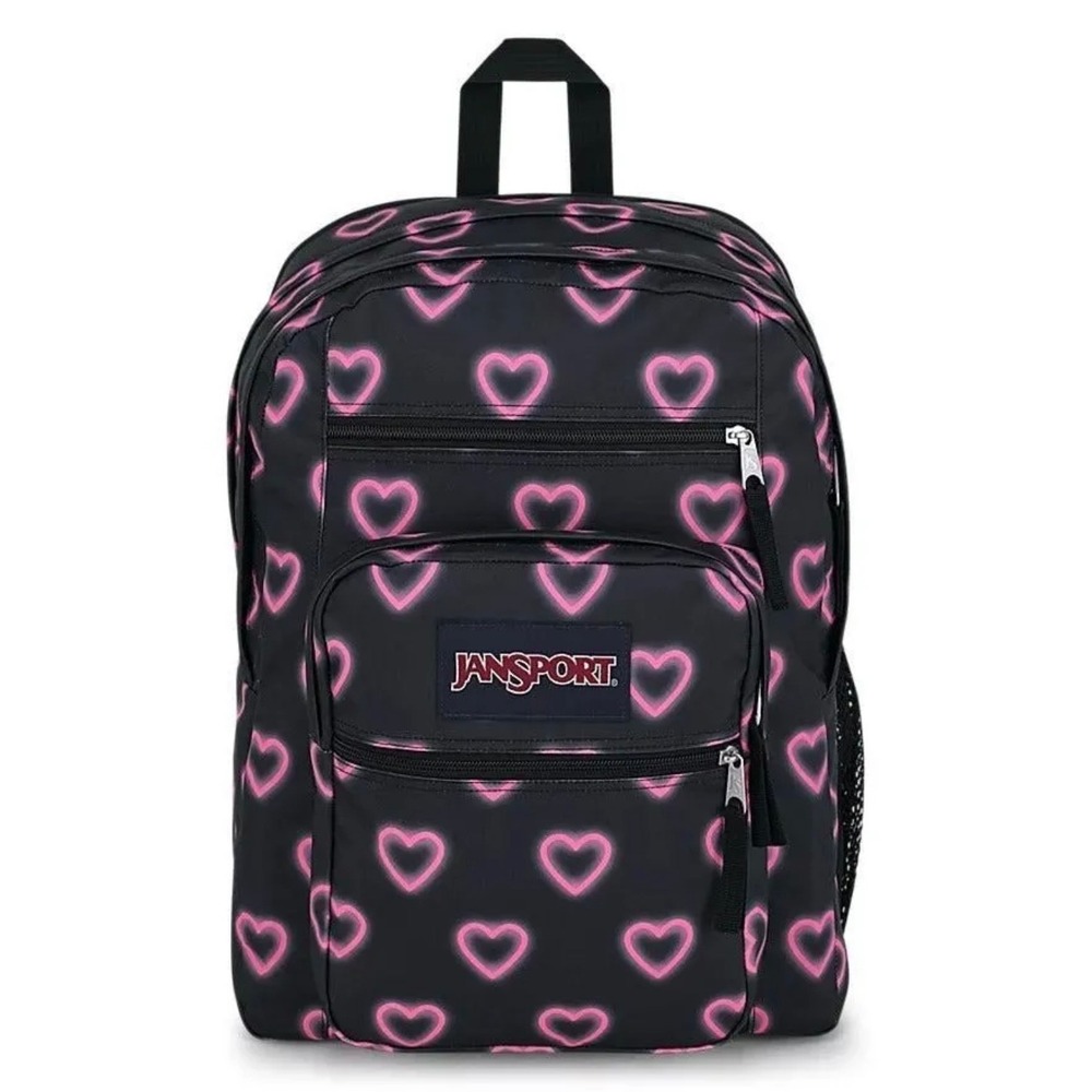 JanSport Big Student Backpack Black Pink Heart Laptop 15in 2 Compartment NEW